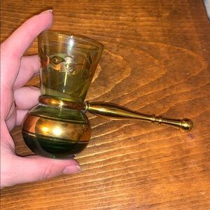 Vintage Bohemian Green Gold Glass Turkish Coffee Goblet Decanter Brass Handle